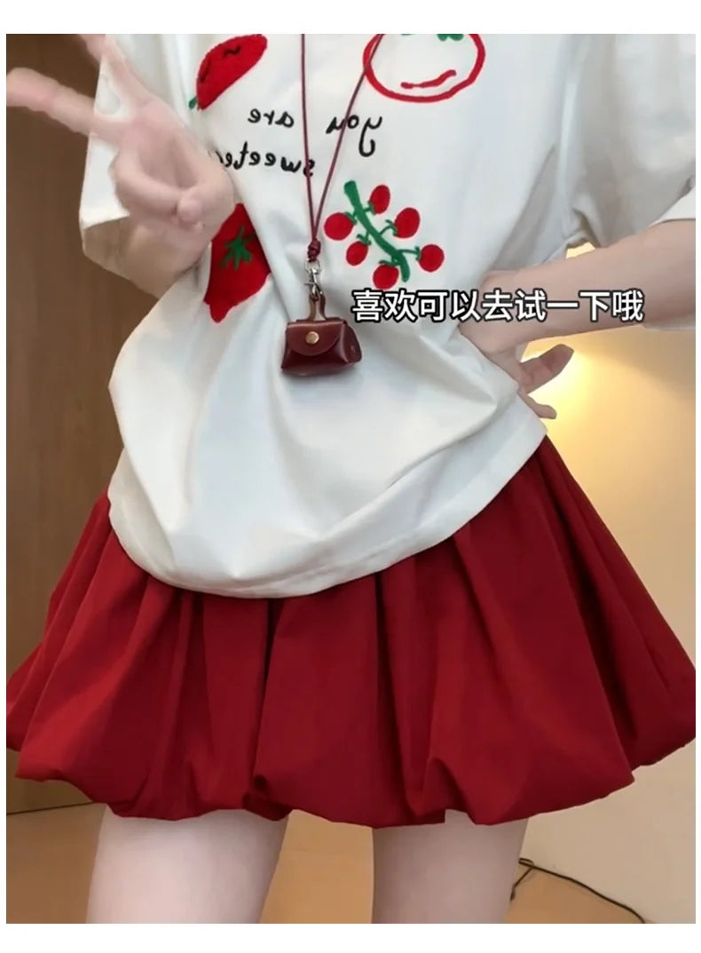Red Petal Hem Bloom Skirt Women Summer Lightweight High Waist Flattering Fit Anti-Slip Lining Petite A-Line Mini Flowy Skirt
