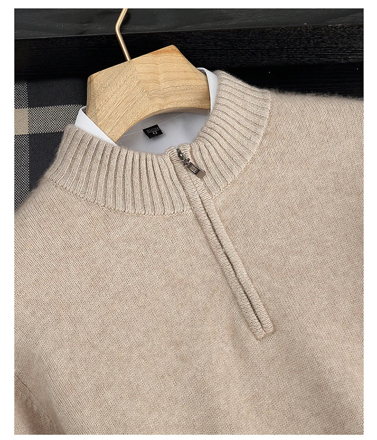 Autumn/Winter Men's 100% Cashmere Pullover Business Casual Solid Knitted Sweater Loose Half High Collar Zipper Tops Thick Jumper