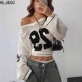 HLJ&GG Fashion Mesh Hollow Letter Printing Loose Tshirts Women V Neck Long Sleeve Sporty Street Tops Y2K Summer New Tees Wear