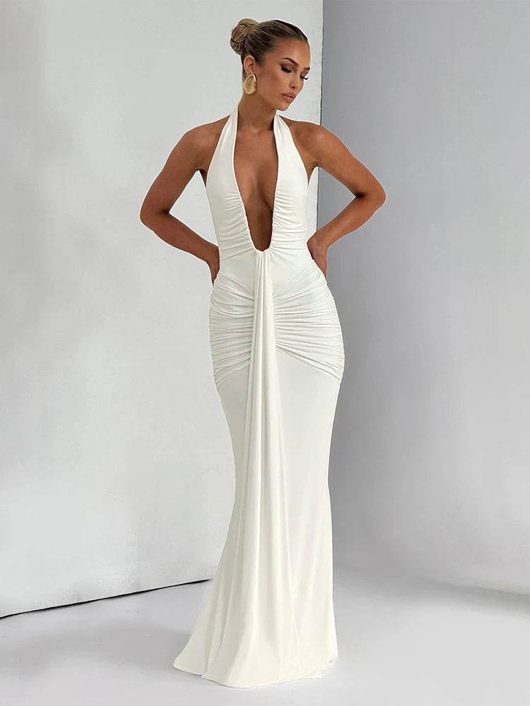 kliou Shirring Halter Women Maxi Dress Classic Solid Low Neck Backless Ribbons Sheath Long Robe Female Simple Elegant Vestidos