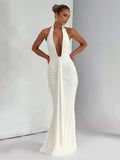 kliou Shirring Halter Women Maxi Dress Classic Solid Low Neck Backless Ribbons Sheath Long Robe Female Simple Elegant Vestidos