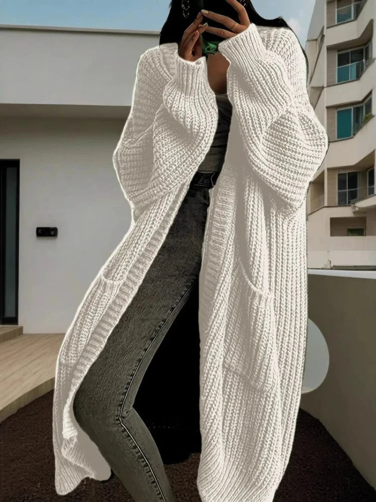 Autumn Winter Woman's Long Knitted Casual Coat Fashion Long Sleeves with Pocket Cardigan Sweater Ladies Comfort Warm Clothing