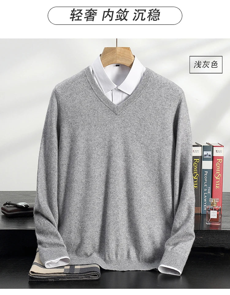 Autumn/Winter New Men's 100% Cashmere Pullover Business Casual Solid Knitted Sweater Loose V-neck Tops Basic Thick Warm Jumper