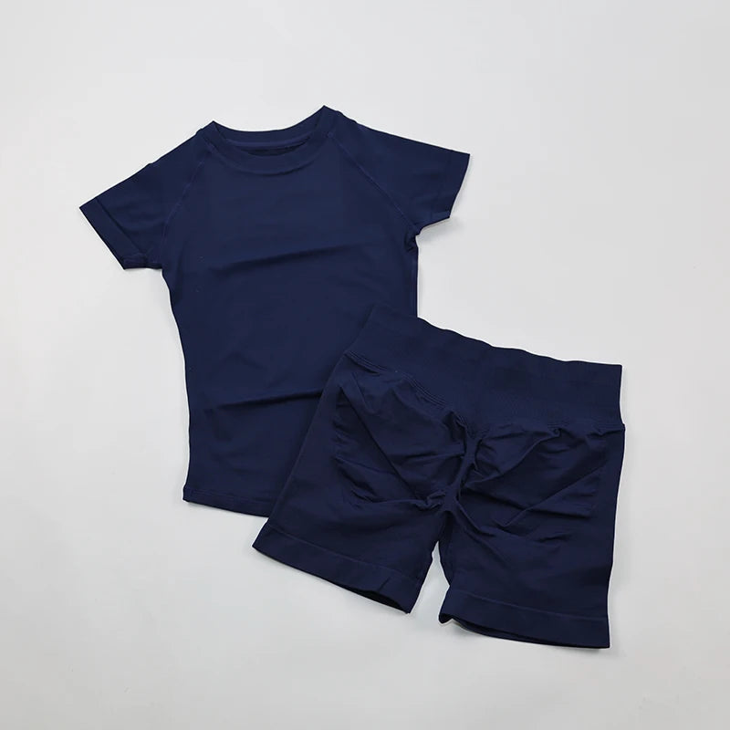 2 Pieces  Sports Set Women Short Sleeve Top Seamless Scrunch Bum Joggers Suit Training Pants Suits Gym Fitness Sets