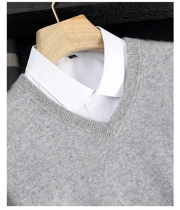 Autumn/Winter New Men's 100% Cashmere Pullover Business Casual Solid Knitted Sweater Loose V-neck Tops Basic Thick Warm Jumper