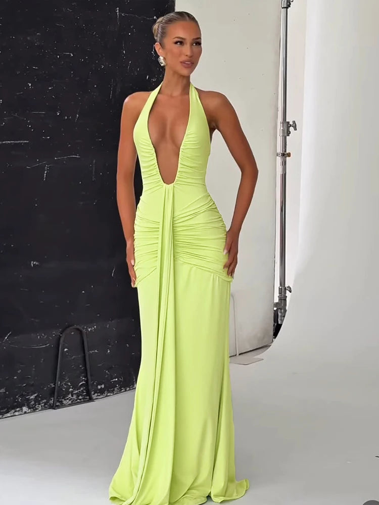 kliou Shirring Halter Women Maxi Dress Classic Solid Low Neck Backless Ribbons Sheath Long Robe Female Simple Elegant Vestidos