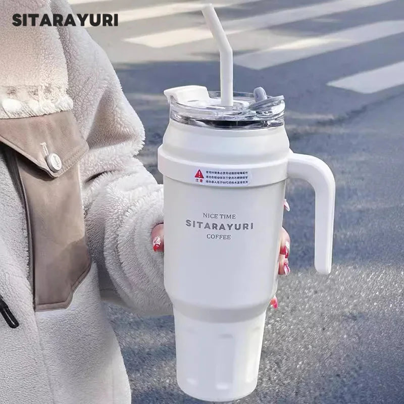SITARAYURI 50OZ Insulation Cup Large Capacity Stainless Steel Thermos Bottle with Handle ＆ Straw Ice Tumbler Car Cup Travel
