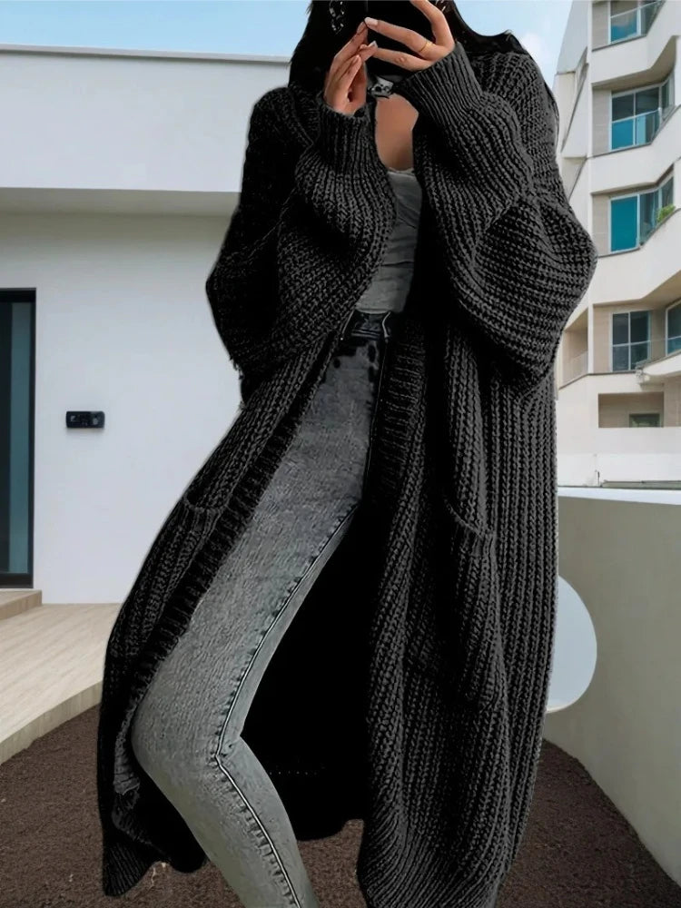 Autumn Winter Woman's Long Knitted Casual Coat Fashion Long Sleeves with Pocket Cardigan Sweater Ladies Comfort Warm Clothing