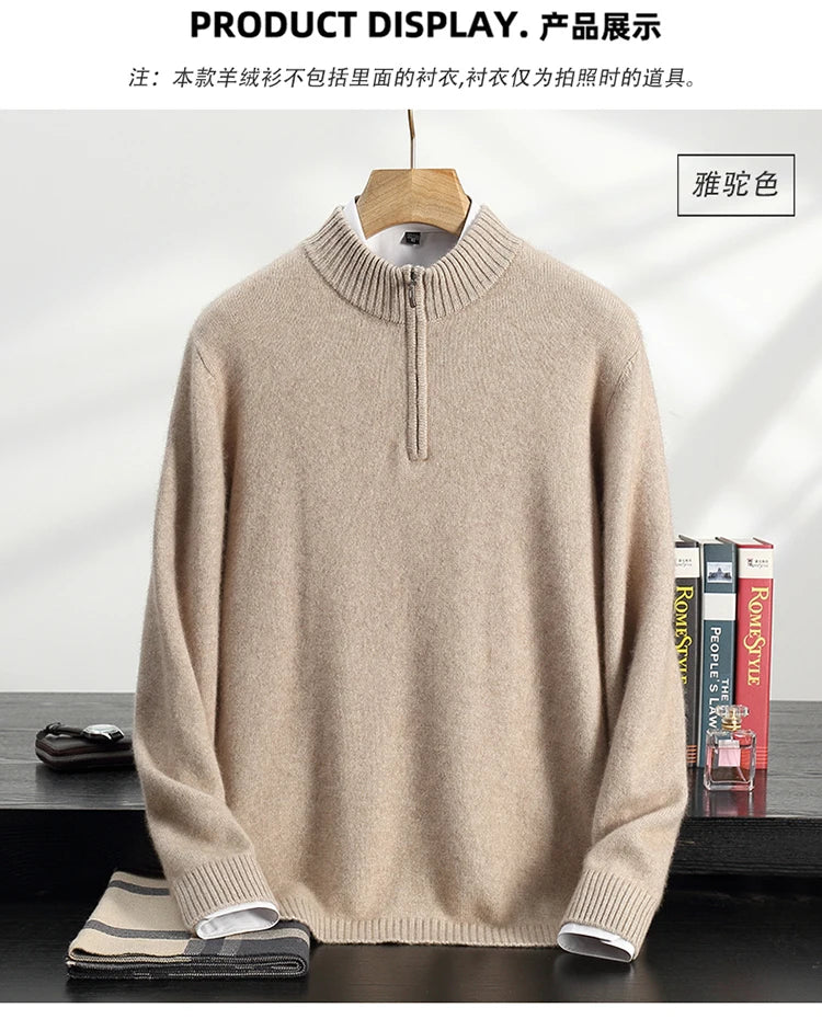 Autumn/Winter Men's 100% Cashmere Pullover Business Casual Solid Knitted Sweater Loose Half High Collar Zipper Tops Thick Jumper