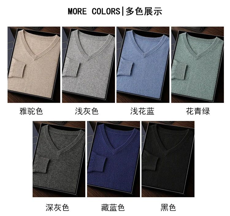 Autumn/Winter New Men's 100% Cashmere Pullover Business Casual Solid Knitted Sweater Loose V-neck Tops Basic Thick Warm Jumper