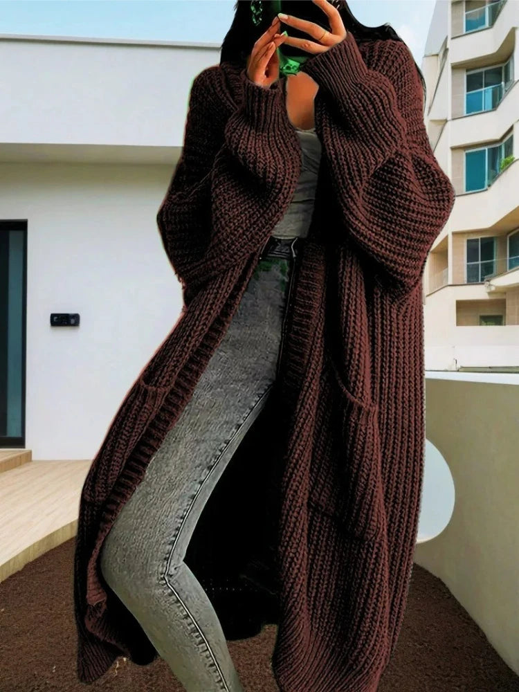 Autumn Winter Woman's Long Knitted Casual Coat Fashion Long Sleeves with Pocket Cardigan Sweater Ladies Comfort Warm Clothing
