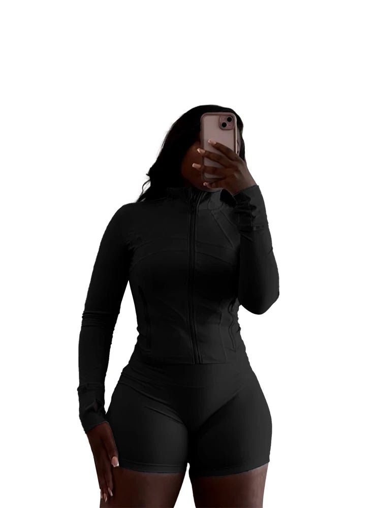 Sexy Two 2 Piece Sets Women Clothing Activewear Loungewear Gym Fitness Sets Zip up Jacket and Shorts Set Tracksuit Outfits