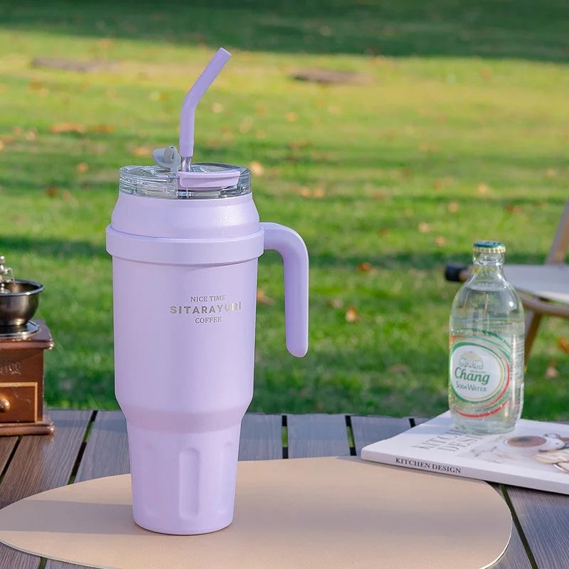 SITARAYURI 50OZ Insulation Cup Large Capacity Stainless Steel Thermos Bottle with Handle ＆ Straw Ice Tumbler Car Cup Travel
