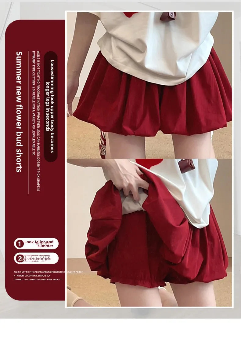 Red Petal Hem Bloom Skirt Women Summer Lightweight High Waist Flattering Fit Anti-Slip Lining Petite A-Line Mini Flowy Skirt