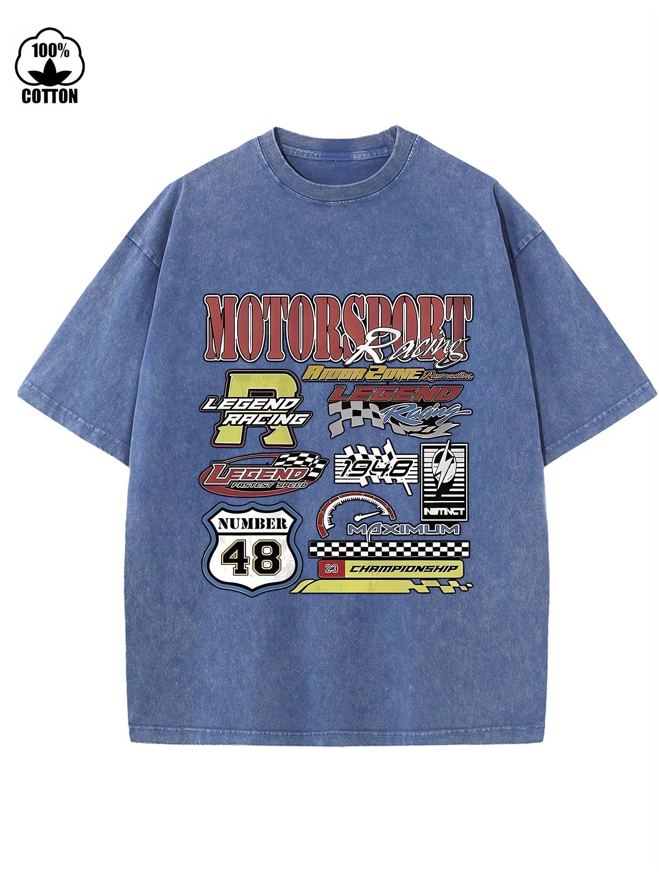 MOTORSPORT Men's Over-Sized Heavy-Weight Cotton Solid Drop Shoulder Vintage Street Wear Basic Tees Baggy Hip Hop Unisex Tops Acid Wash T-Shirt