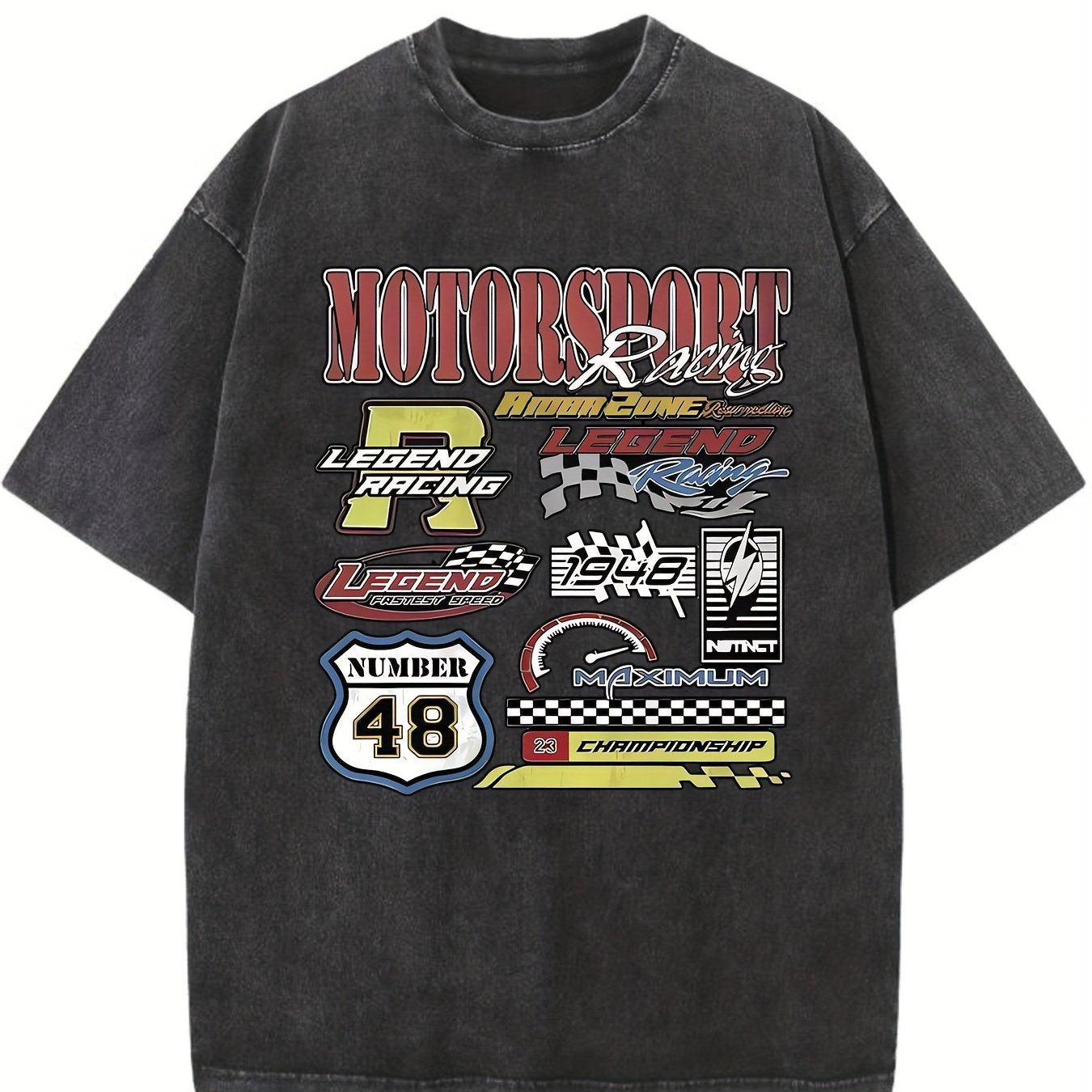 MOTORSPORT Men's Over-Sized Heavy-Weight Cotton Solid Drop Shoulder Vintage Street Wear Basic Tees Baggy Hip Hop Unisex Tops Acid Wash T-Shirt